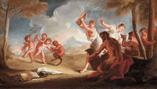 Nymphs, putti and satyrs dancing in a landscape