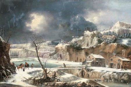 A winter landscape with travellers on horseback by a river