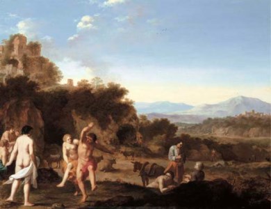 Figures dancing before ruins in a mediterranean landscape