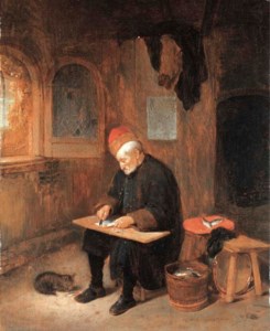 A fishmonger scaling fish