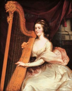 Portrait of Lady Jane Mildmay, seated three-quarter-length, in a white silk dress playing the harp