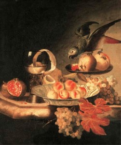 A wanli-kraak porselein bowl of peaches, a peeled lemon in a roemer , apples and parakeet in a tazza and a pomegranate, grapes on a ledge