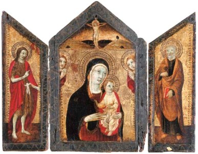 A triptych: the central panel: The Madonna and Child with two angels and Christ on the Cross; the wings: Saint John the Baptist; and Saint Peter
