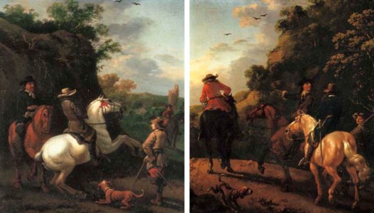 Huntsmen on horseback with a tower beyond; and Huntsmen on horseback in a landscape