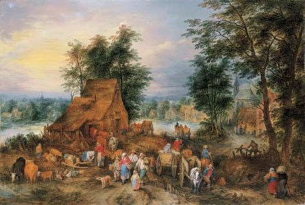 A village scene with peasants at work