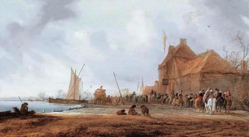 Salomon van Ruysdael, A winter landscape with figures playing 'Drawing the Eel' before an inn