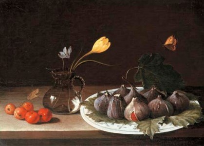 A vase with a crocus and a cyclamen, figs in a porcelain dish and crab apples on a stone ledge, with a butterfly