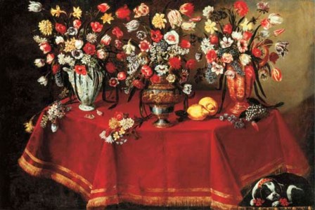Giuseppe Recco, Arrangements of flower bouquets in a majolica vase, a sculpted pewter and bronze urn and a ceramic ewer on a draped octagonal table with two lemons and other flowers, with a pug resting below