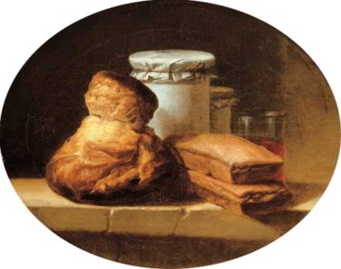 A brioche, two pastries, two covered jars and a glass of red wine on a stone ledge