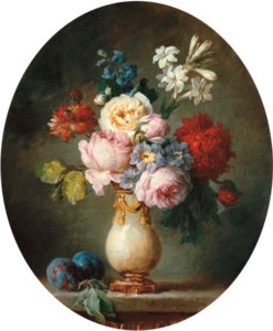 A vase of flowers and two plums on a marble tabletop