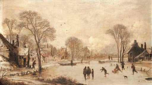 Aert van der Neer, Skaters on a frozen canal by a village