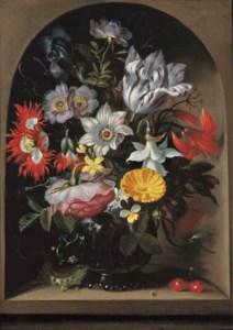 Anemones, a tulip, an opium poppy and other flowers in a glass vase, with a sand lizard and a ladybird, in a stone niche