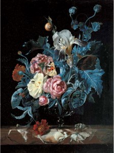 Willem van Aelst, Roses, irises, poppies and other flowers in a glass vase, on a marble ledge with a tortoiseshell butterfly and insects