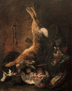 A hare, pigeons and other game with a cat