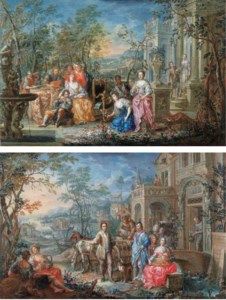 A company making music in the grounds of a country villa; and A family outside their villa with an extensive river landscape beyond