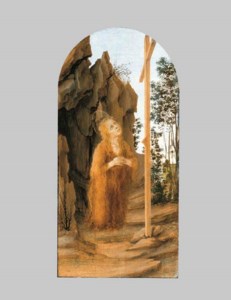 The Penitent Mary Magdalen adoring the True Cross in a rocky landscape