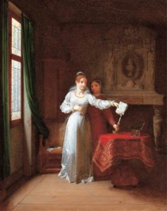 A lady burning letters in an elegant interior