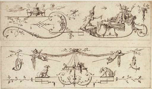 A woman trying on jewellery in front of a mirror, and two putti with musical instruments and birds: two decorative designs