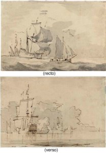 Two frigates with a fishing boat ( recto ); A frigate firing a broadside ( verso )