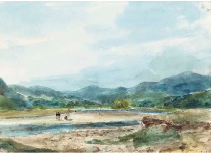 A hilly landscape with figures near a river
