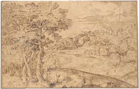 An extensive landscape with shepherds and their flocks below a town
