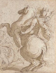 A cavalier on a rearing horse, crouching figures to the left