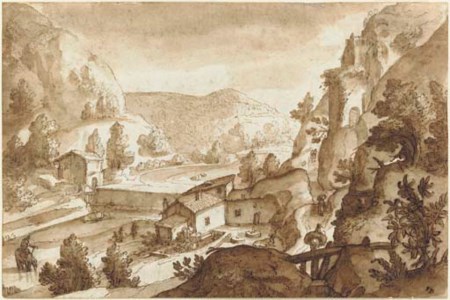 An Alpine landscape with a farmhouse in a valley