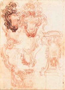Seven designs for elaborate escutcheons, one with the Medici arms ( recto ); Six designs for pedestals, one bearing a bust ( verso )