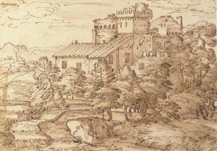 An extensive wooded landscape with fortified farm buildings