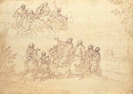 A patrician family kneeling on a seashore experiencing a vision of the Madonna and Child and Saint Dominic, Saint John the Baptist and another saint, a ship seen beyond