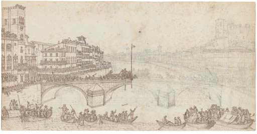 Il giocco del Ponte on the Ponte di Mezzo over the Arno at Pisa ( recto ); A garden and courtyard behind a church ( verso )