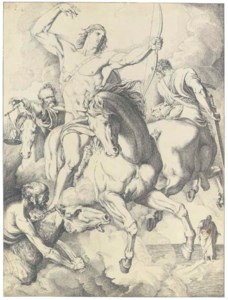 Vidi, quod aperuisset agnus... : The Four Horsemen of the Apocalypse, Saint John the Evangelist seen beyond (Revelation 6: 1-8)