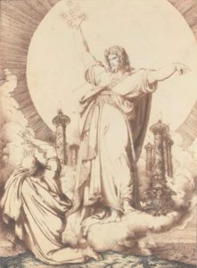 Et conversus vidi septem candelabra aurea... : Christ with a sword emerging from His mouth holding seven stars and surrounded by seven candlesticks representing the Seven Churches of Asia, Saint John the Evangelist kneeling in the foreground (Revelation 1: 10-16)