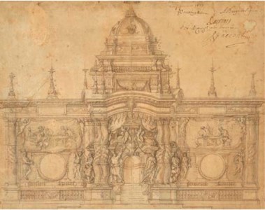 A design for a tabernacle for the Chapel of The Blessed Sacrament in the Cathedral at Toulon: A receptacle supported by solomonic columns with putti supporting a monstrance flanked by allegorical figures, at the sides, angels holding candlesticks flank medallions, above, scenes of The Last Supper and The Supper at Emmaüs , the whole surmounted by candlesticks, a balustrade in the foreground