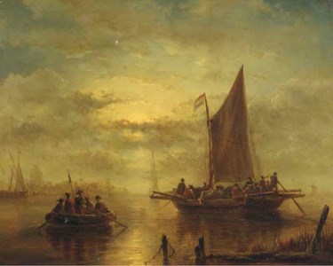 Moored sailingvessels in moonlight