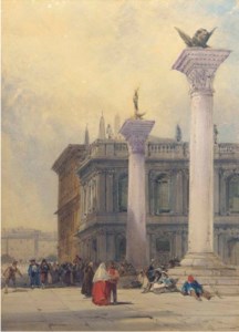 Venetian figures gathered around the columns at San Marco square, Venice