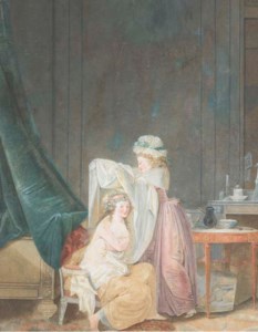 Une servante aidant une femme assise à s'habiller dans une chambre Louis XVI