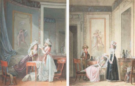 Une femme lisant une lettre devant une amie dans un intérieur Directoire; et Une femme assise lisant une lettre devant un garçon dans un intérieur Directoire, une servante cachant une lettre près de la cheminée