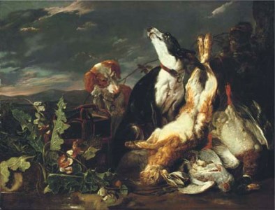 A hunting still-life with a partridge, a mallard, a hare and a spaniel and another dog in a landscape beyond