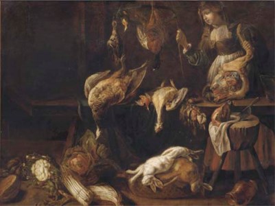An interior with a kitchen maid, dead game birds hanging, two dead hares in a basket and asparagus, cabbage, cauliflower and melons on the floor