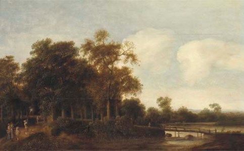 A wooded river landscape with hunters on a path