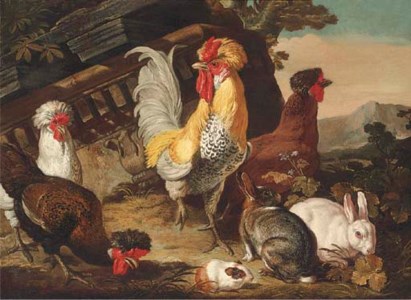 Chickens, rabbits and a guinea-pig by classical ruins
