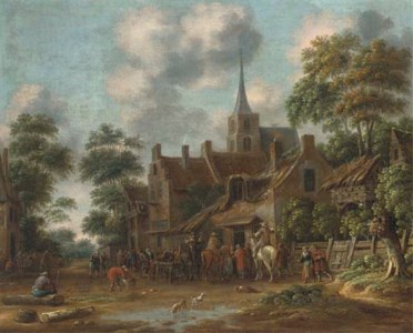 A town with horseman and other figures drinking outside an inn