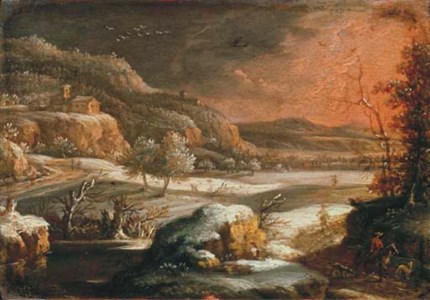 A mountainous winter landscape with travellers on a track