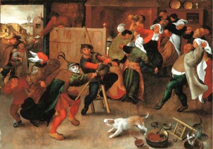 Peasants singing, dancing and drinking in an interior