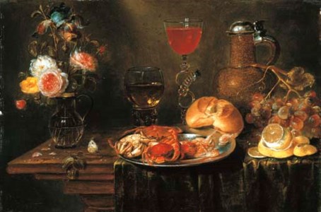 Roses and an iris in a glass vase, crabs and prawns on a pewter platter, a Façon-de-Venise wineglass, a stoneware ewer, a bunch of grapes, a bread roll and a roemer on a partly-draped table