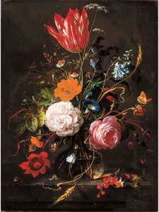 Jan Davidsz. de Heem, Roses, a tulip, a poppy, daisies, violets, morning glory, forget-me-nots, blackberries, ears of corn and other flowers with a spider, a ladybird, ants, a caterpillar and butterflies in a glass vase on a slate ledge with redcurrents, a violet, a snail and a caterpillar