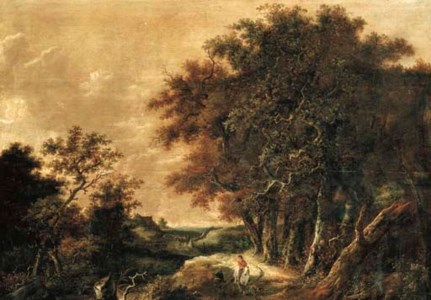 A wooded landscape with a peasant greeting a rider