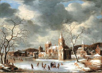 A castle on a frozen lake with skaters