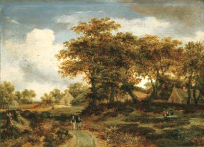 A wooded landscape with peasants and a village